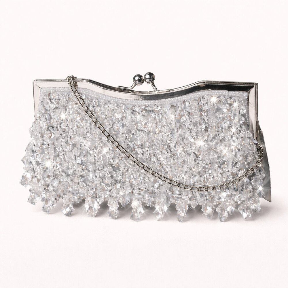 Harve Benard Beaded Kisslock Clutch – Silver Chandelier Fringe – NWT